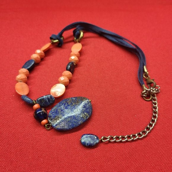 Blue Gemstone Orange Beads Blue Cord Necklace Boho Chic - Picture 5 of 9
